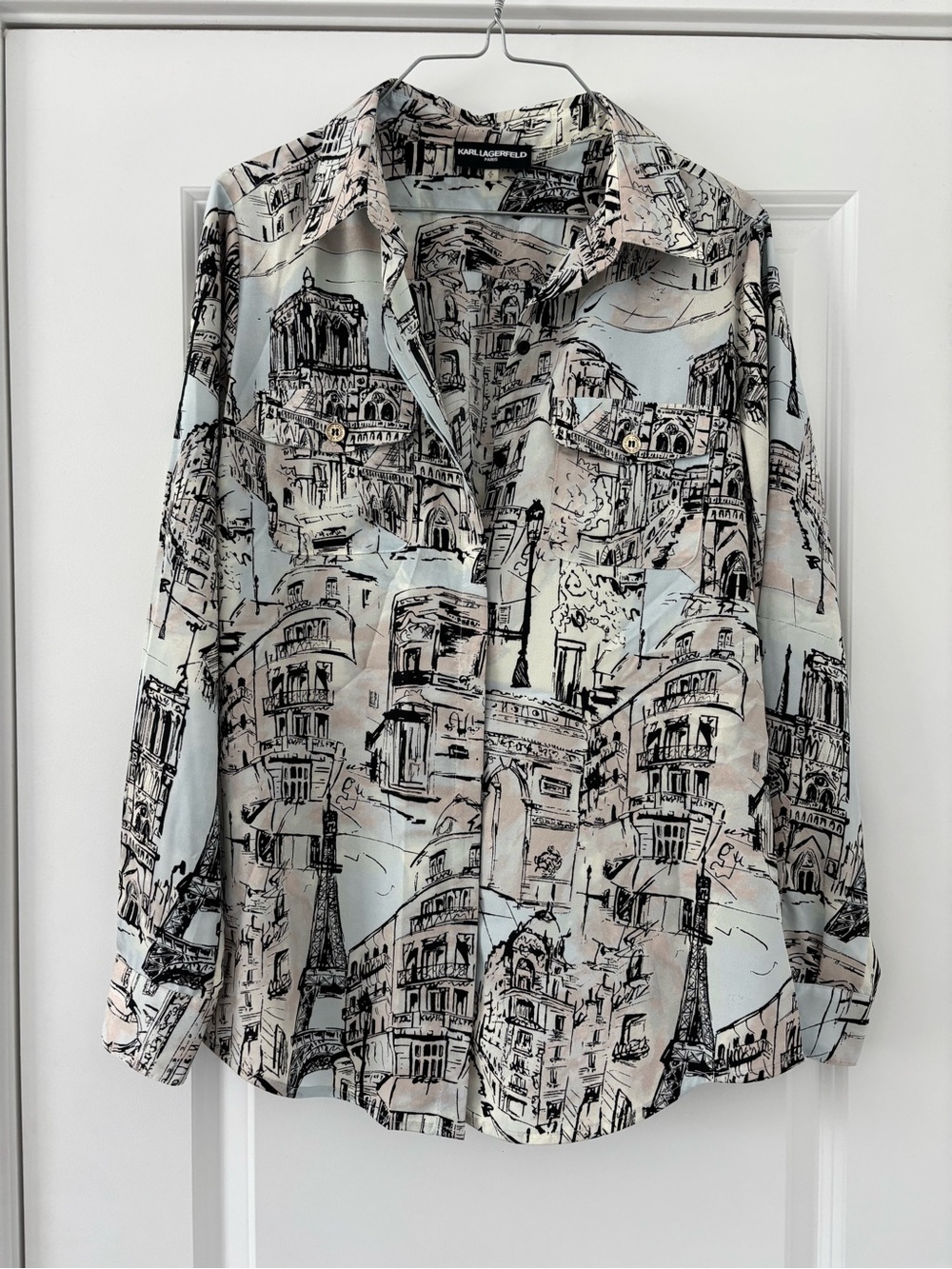 Karl Lagerfeld Paris Parisian Art Long Sleeve Button Down Shirt Blouse
